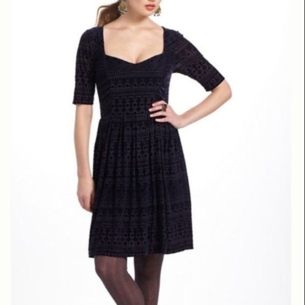 Navy Velvet Anthropologie Dress Geometric Pattern Sweetheart Neck Meadow Rue S